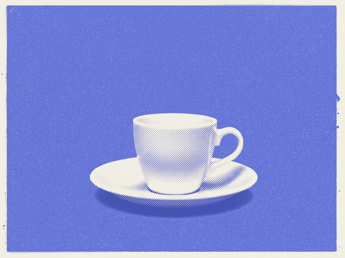 Cream coffee cup on a saucer, blue duotone poster print